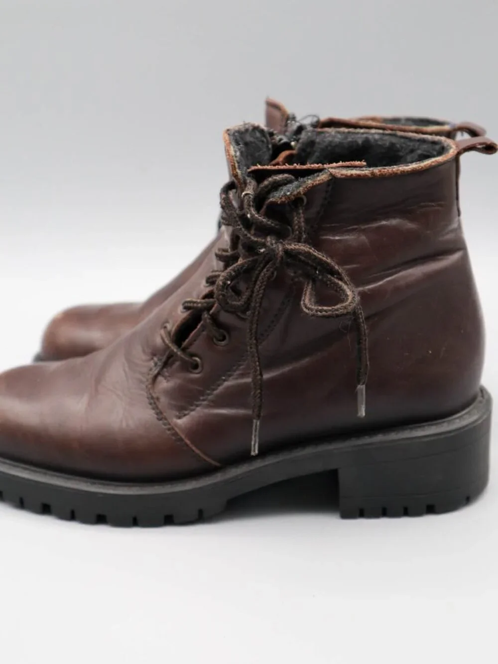 Brown Leather Booties Ankle Boots Side Zip Lace Up Sz 7 Felt Wool Lined 90s Y2K